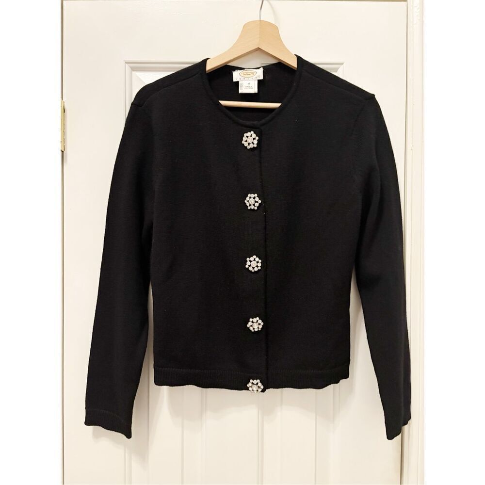 Talbots 100% Merino Wool Cardigan Sweater Black Size M Petite rhinestone Buttons